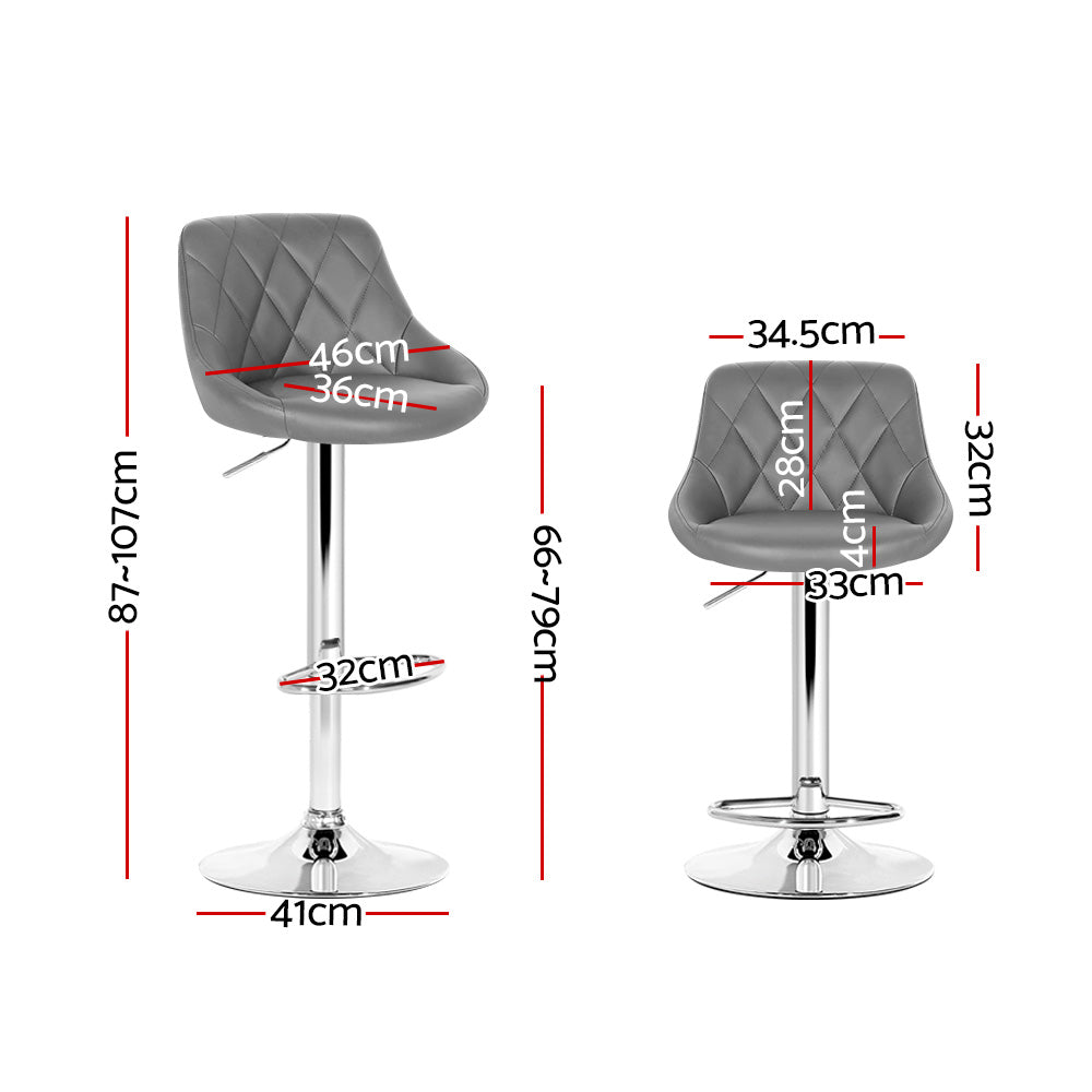 Grey Leather Bar Stools 2x Set Padded Gas Lift Counter Height Chairs