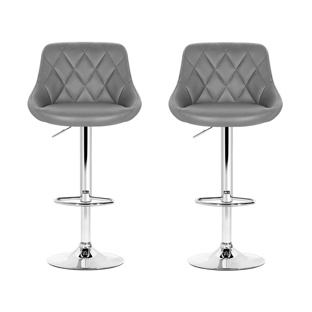 Grey Leather Bar Stools 2x Set Padded Gas Lift Counter Height Chairs