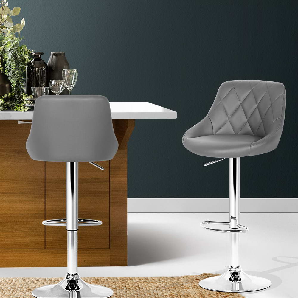 Grey Leather Bar Stools 2x Set Padded Gas Lift Counter Height Chairs