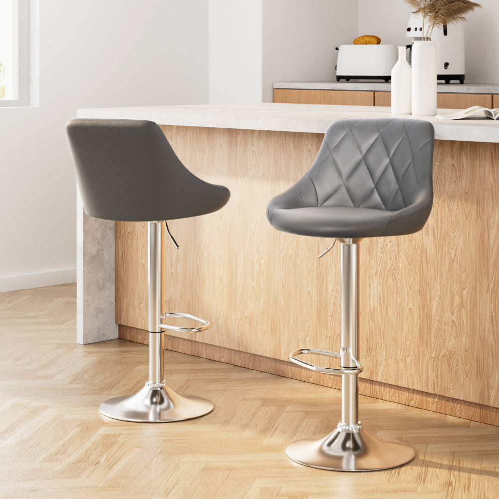 Grey Leather Bar Stools 2x Set Padded Gas Lift Counter Height Chairs