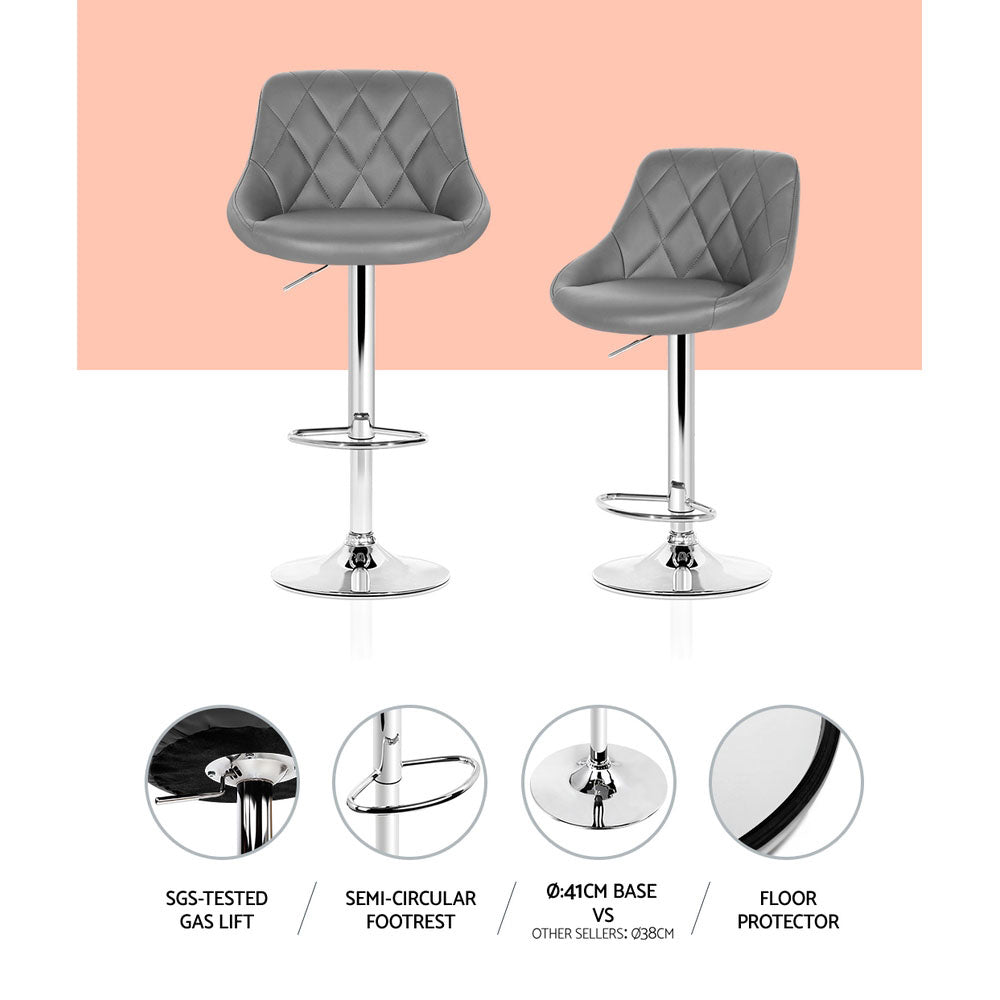 Set of 4 Bar Stools Grey PU Leather Gas Lift Swivel Kitchen Chairs