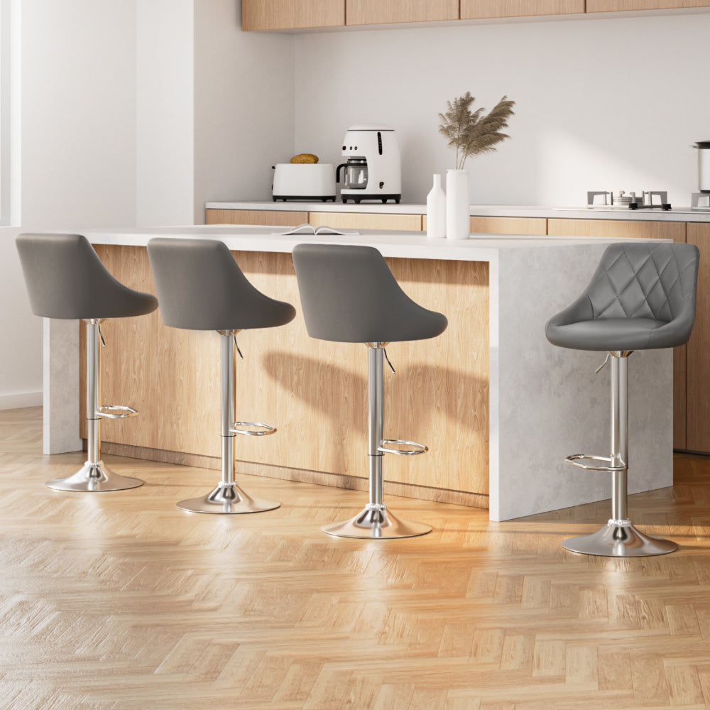 Set of 4 Bar Stools Grey PU Leather Gas Lift Swivel Kitchen Chairs