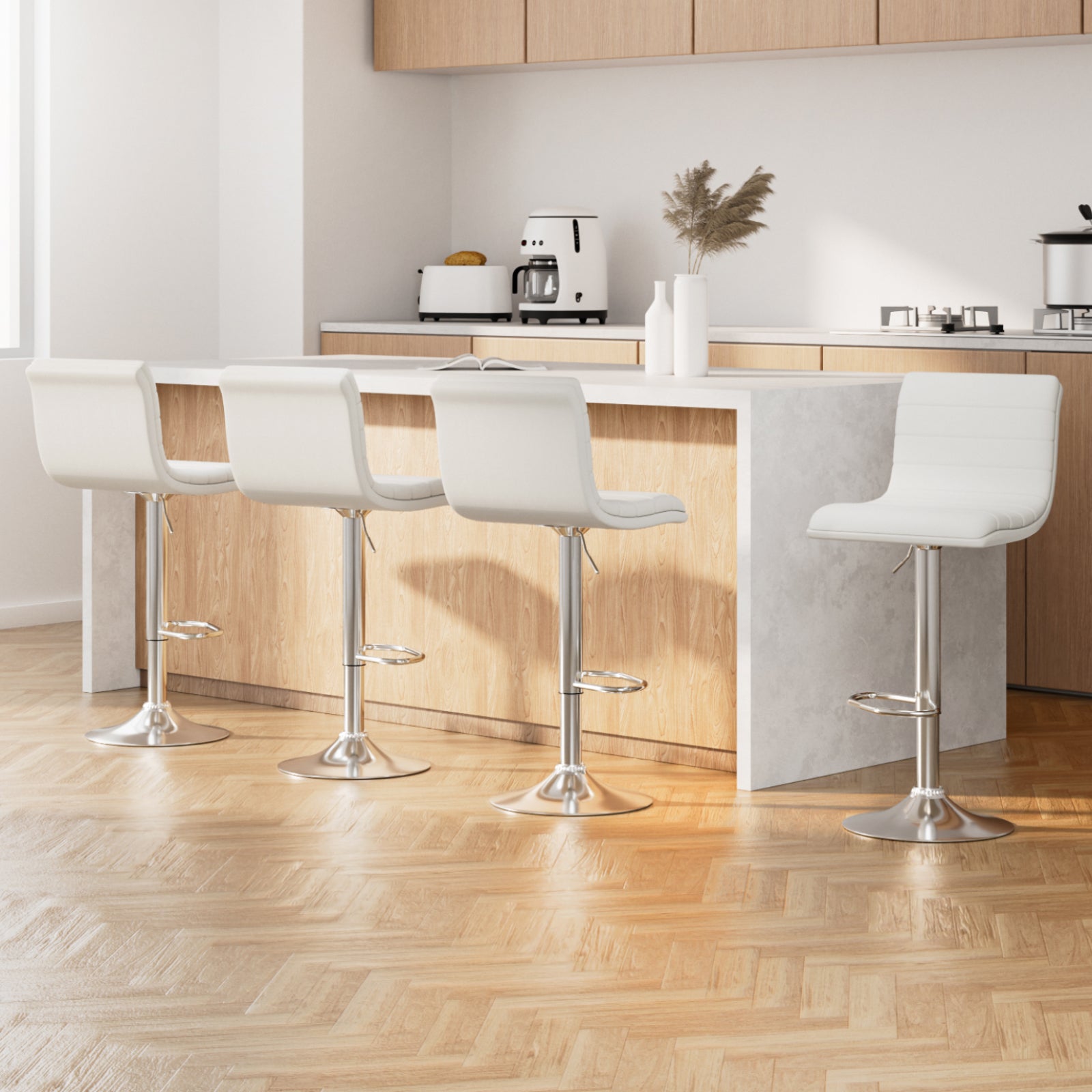 4x Bar Stools Padded Leather Gas Lift White | White colour