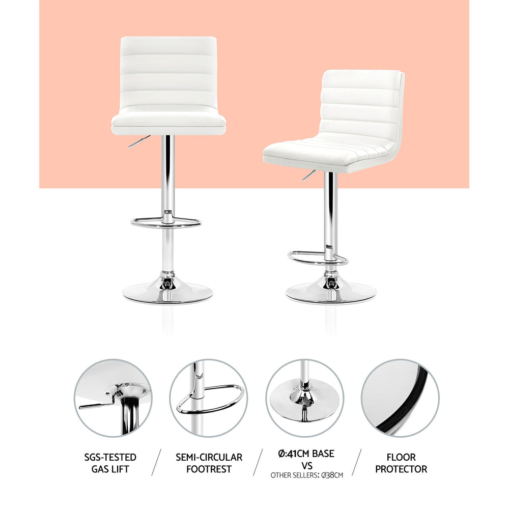 Lined Pattern Chrome - 4x Bar Stools Padded Leather Gas Lift White