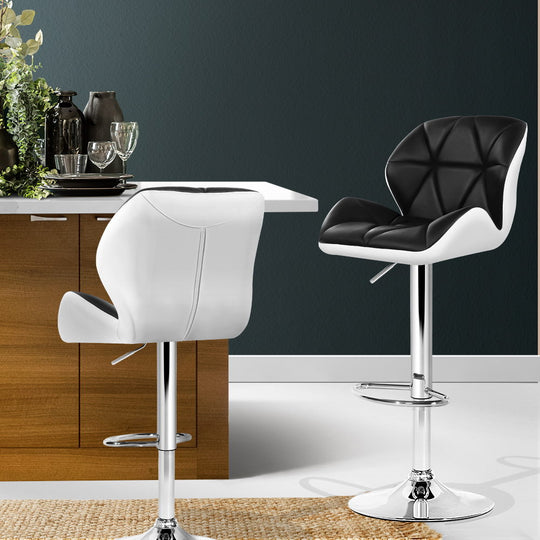 2x Bar Stools Gas Lift Padded Leather Black & White - Artiss Kitchen Swivel Stool