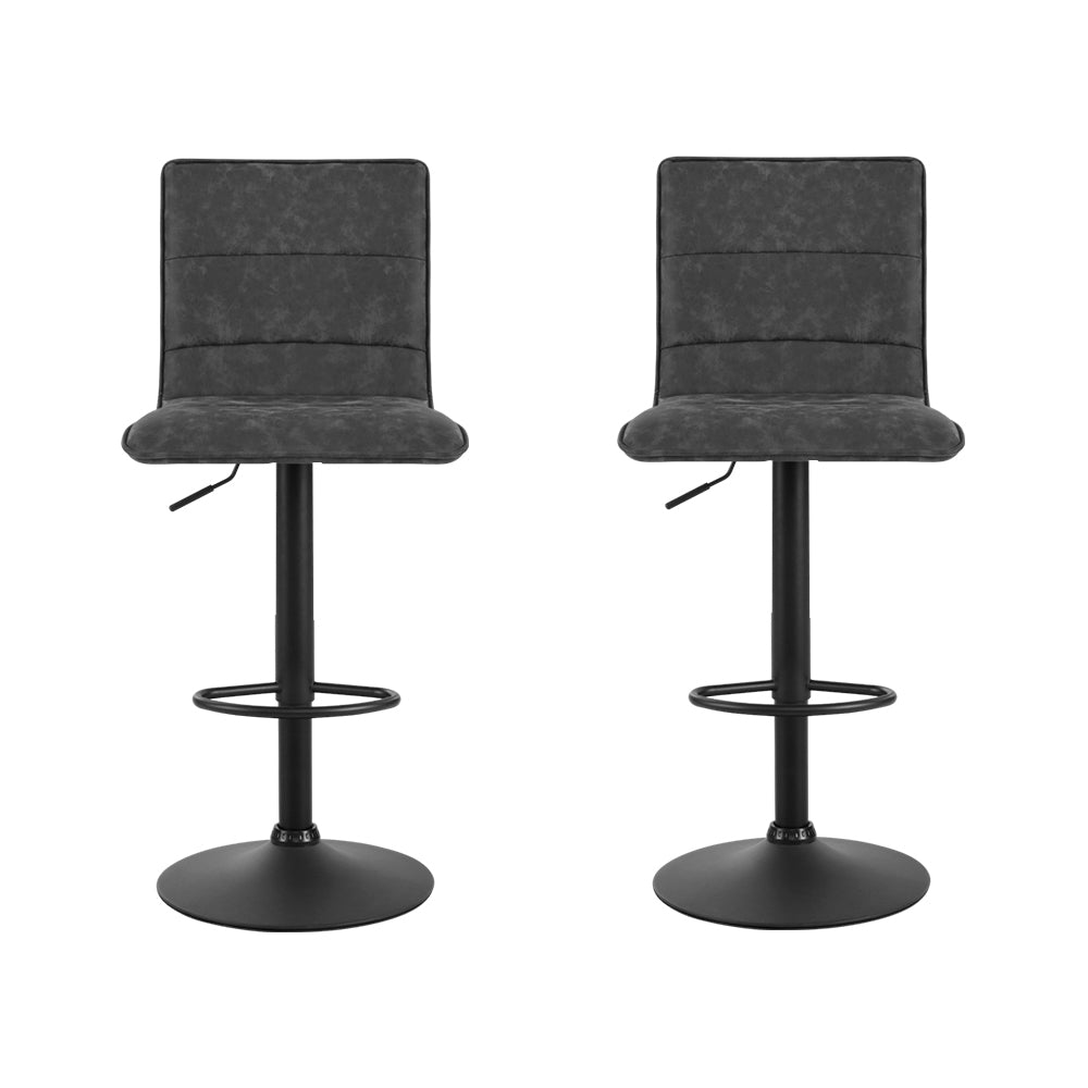 2x Kitchen Bar Stools Gas Lift Bar Stool Chairs Swivel Vintage Leather Grey Black Coated Legs