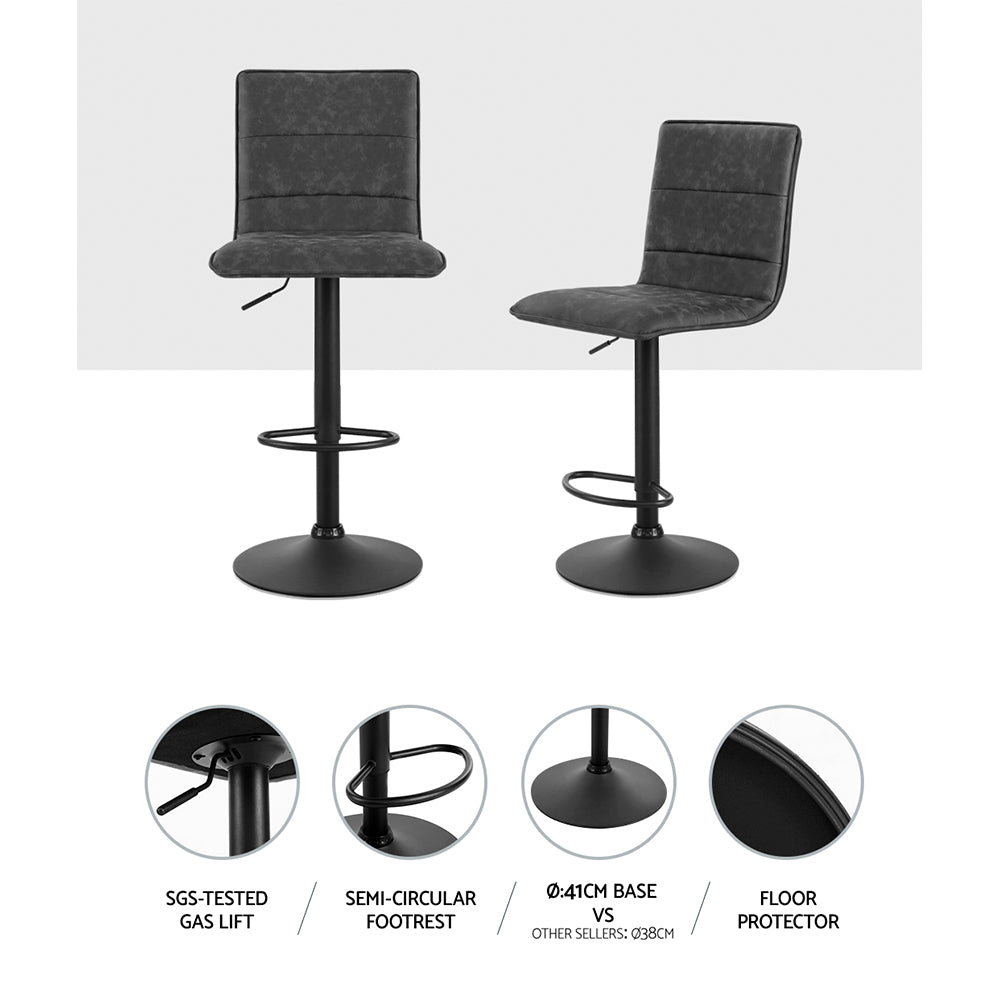 2x Kitchen Bar Stools Gas Lift Bar Stool Chairs Swivel Vintage Leather Grey Black Coated Legs