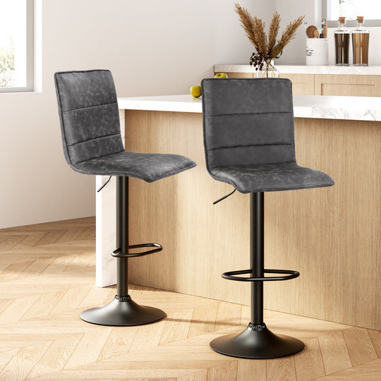 2x Kitchen Bar Stools Gas Lift Bar Stool Chairs Swivel Vintage Leather Grey Black Coated Legs - Table & Bar Stools