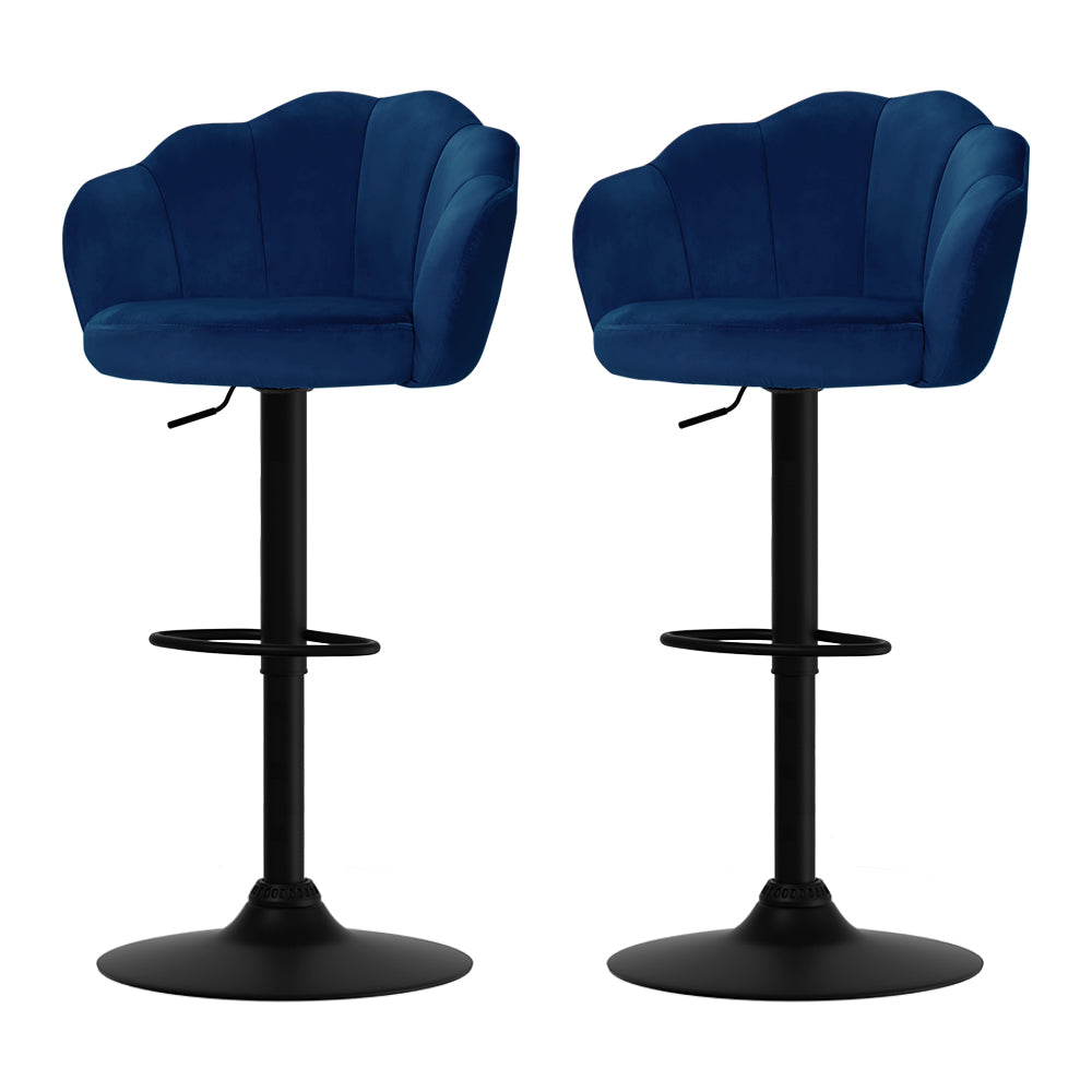 2x Blue Velvet Gas Lift Bar Stools Clam Shell Swivel Adjustable Kitchen Pub