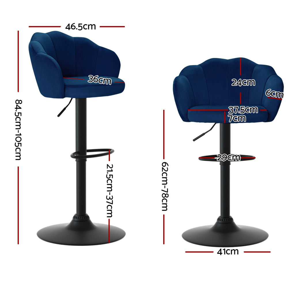 2x Blue Velvet Gas Lift Bar Stools Clam Shell Swivel Adjustable Kitchen Pub