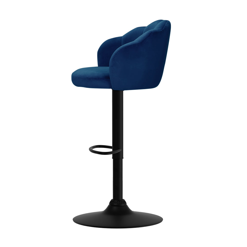 2x Blue Velvet Gas Lift Bar Stools Clam Shell Swivel Adjustable Kitchen Pub