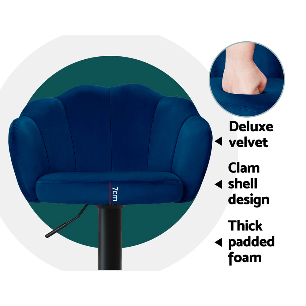 2x Blue Velvet Gas Lift Bar Stools Clam Shell Swivel Adjustable Kitchen Pub