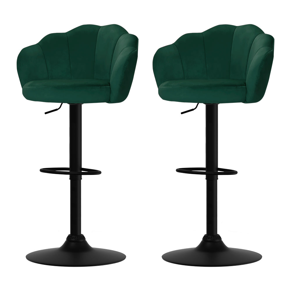 2x Bar Stools Gas Lift Velvet Green Adjustable Swivel Kitchen Counter Chairs