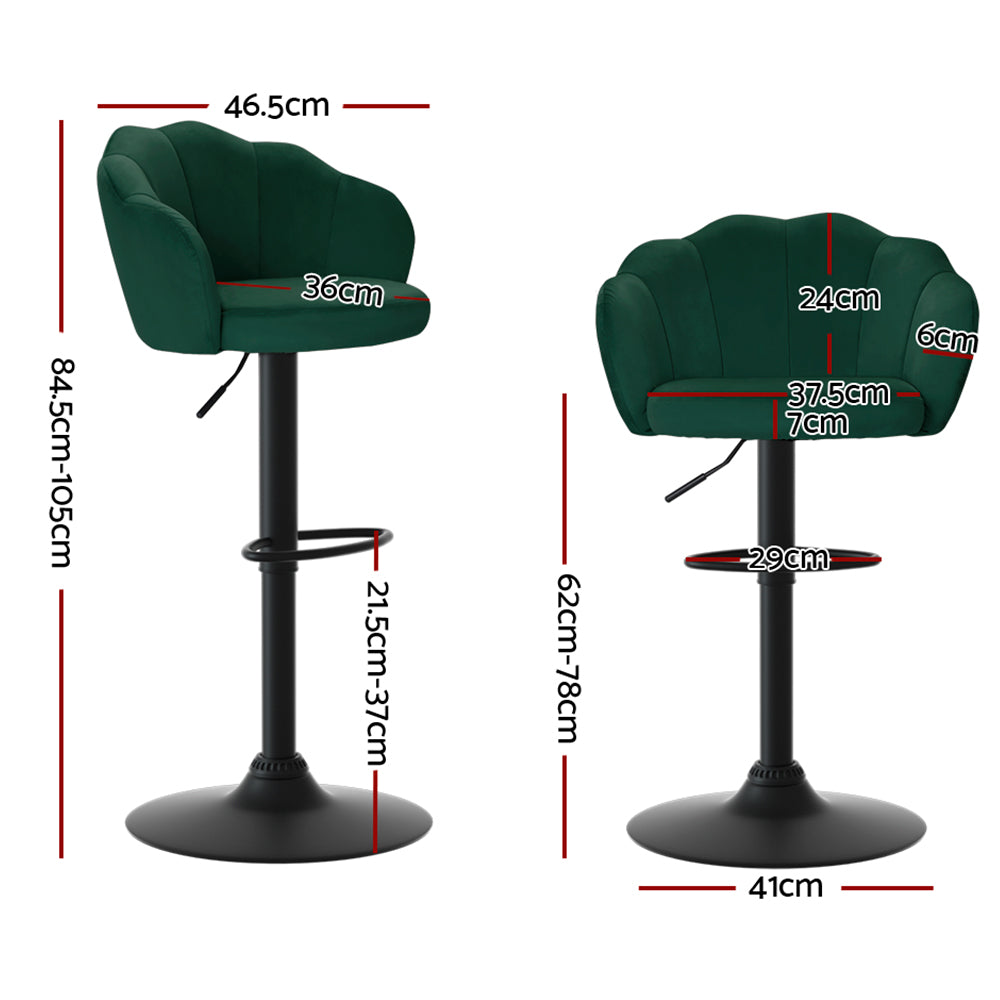 2x Bar Stools Gas Lift Velvet Green Adjustable Swivel Kitchen Counter Chairs