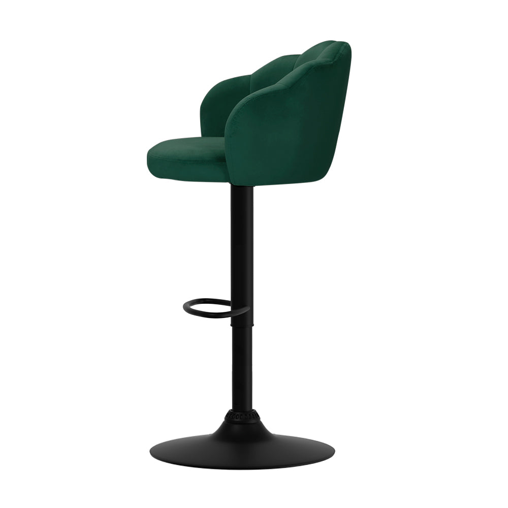 2x Bar Stools Gas Lift Velvet Green Adjustable Swivel Kitchen Counter Chairs