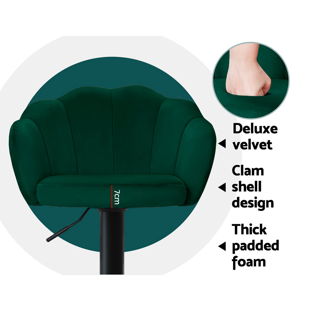 2x Bar Stools Gas Lift Velvet Green Adjustable Swivel Kitchen Counter Chairs