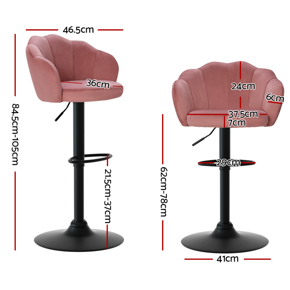 Pink Velvet Bar Stools with Gas Lift and Clam Shell Seat 2-Pack