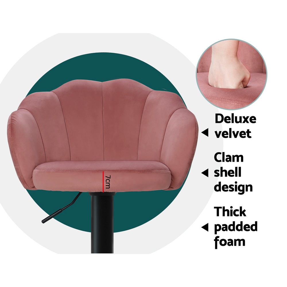 Pink Velvet Bar Stools with Gas Lift and Clam Shell Seat 2-Pack