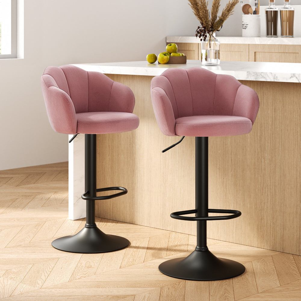 Pink Velvet Bar Stools with Gas Lift and Clam Shell Seat 2-Pack