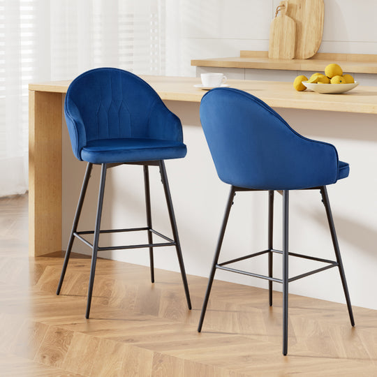 2x Bar Stools Velvet Swivel Metal Legs Blue - Kitchen Stool Dining Chairs