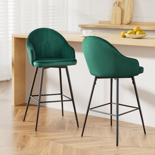 2x Bar Stools Velvet Swivel Metal Legs Green - Kitchen Stool Dining Chairs