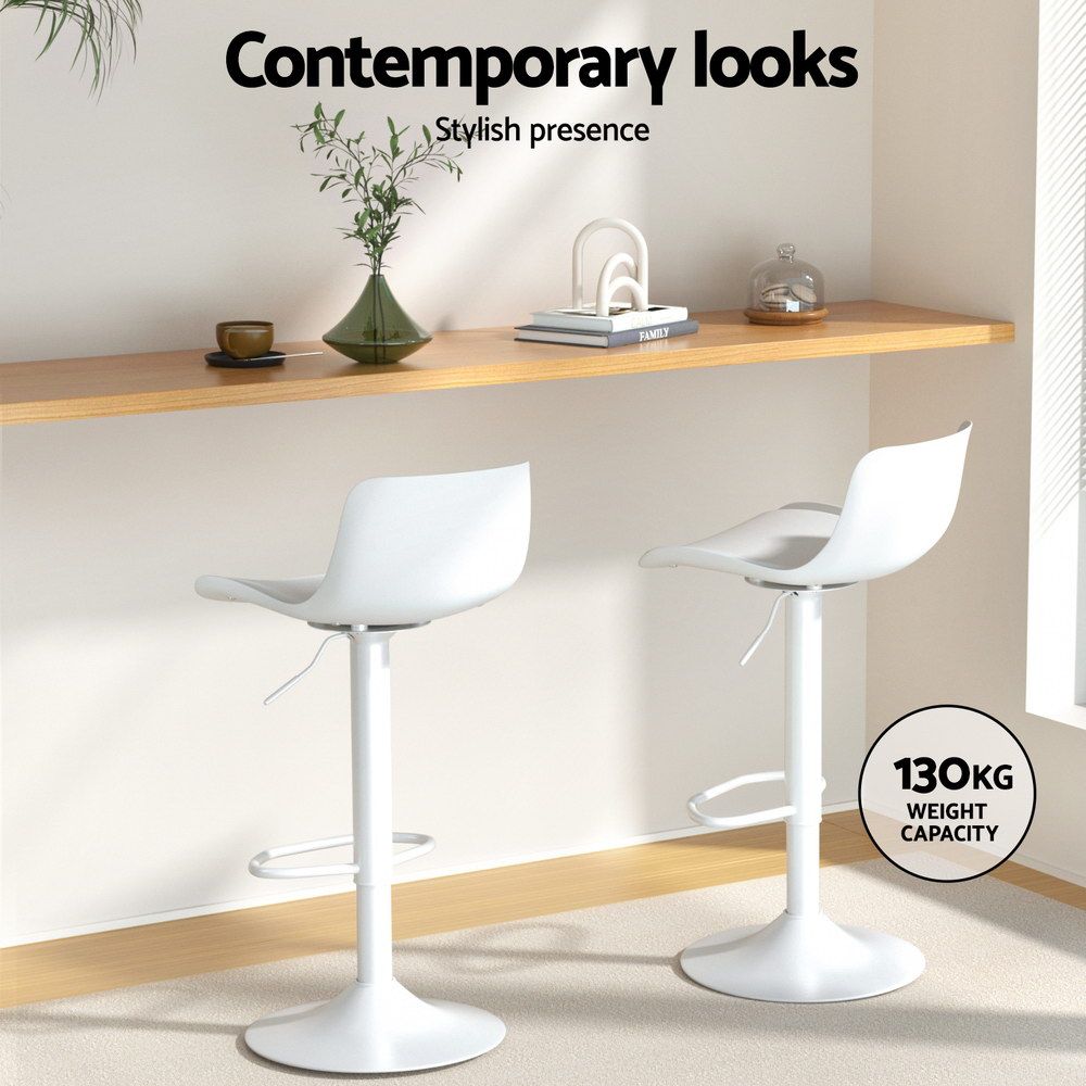 Set of 2 Swivel Bar Stools - White Leather Gas Lift