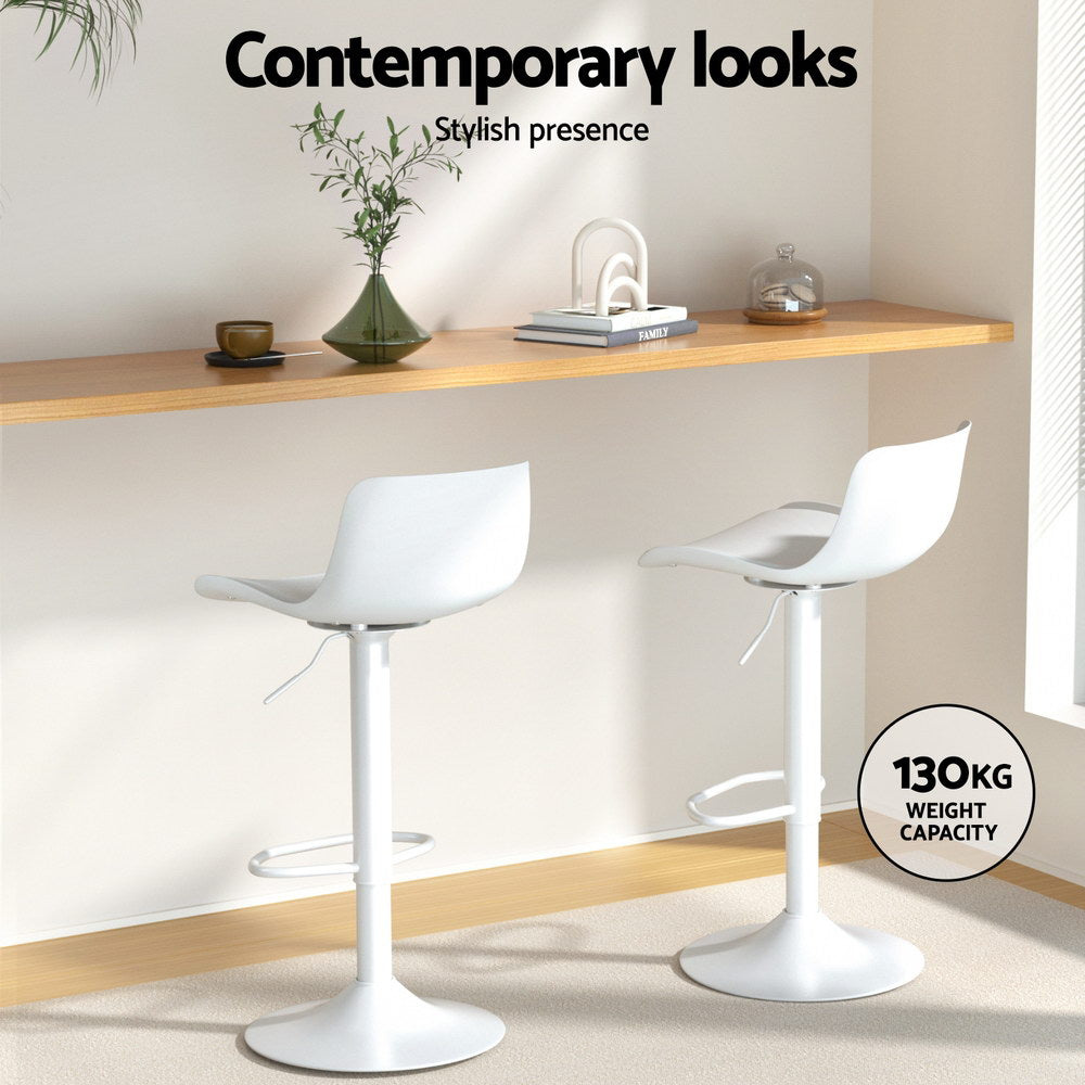 Set of 2 Swivel Bar Stools - White Leather Gas Lift