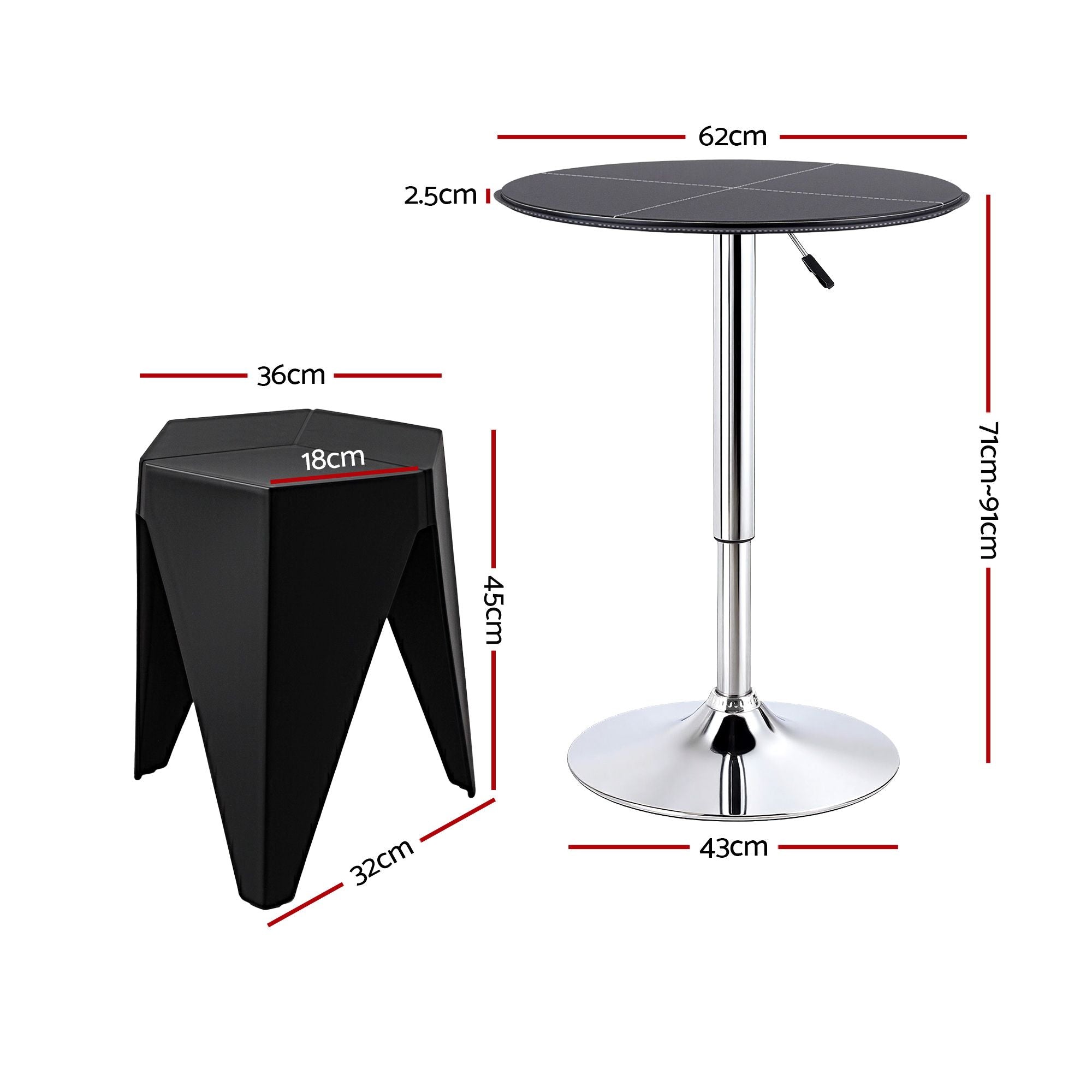 Bar Table Stool Set 3 Piece Black PVC | Simpledeals