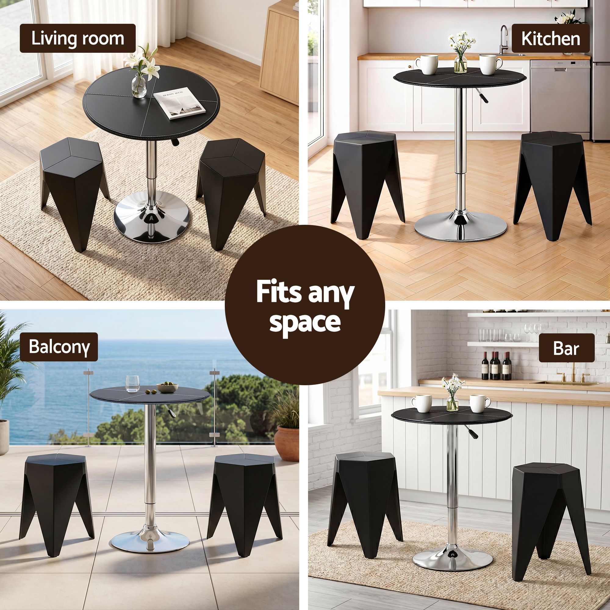 Bar Table Stool Set 3 Piece Black PVC | Simpledeals