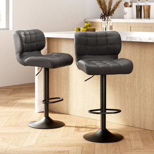 2x Bar Stools Gas Lift Leather Padded Grey - Artiss Kitchen Stool Chairs