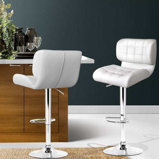 2x Bar Stools Gas Lift Leather Padded White - Table & Bar Stools