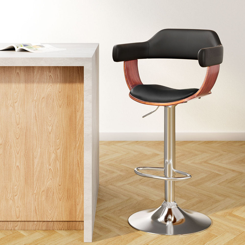 Wooden Gas Lift Bar Stool PU Leather Swivel Chrome Base Adjustable Height