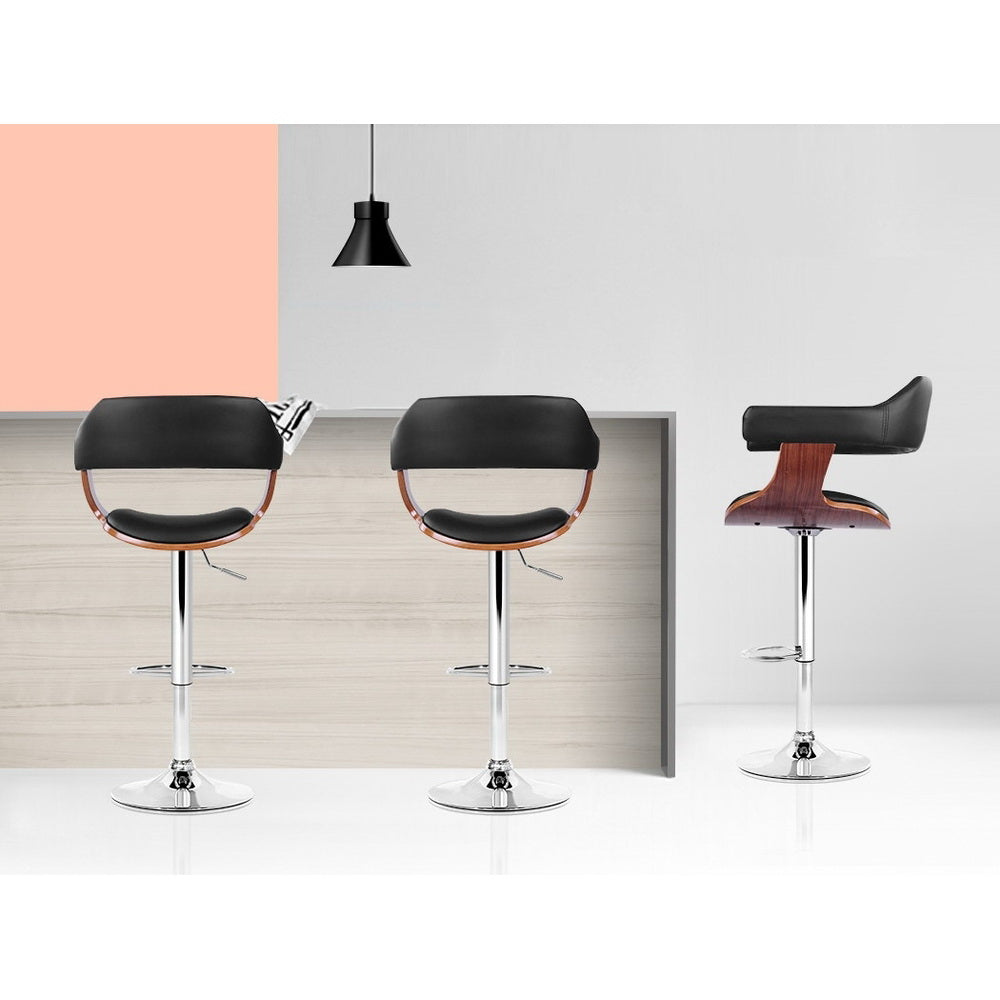 Wooden Gas Lift Bar Stool PU Leather Swivel Chrome Base Adjustable Height