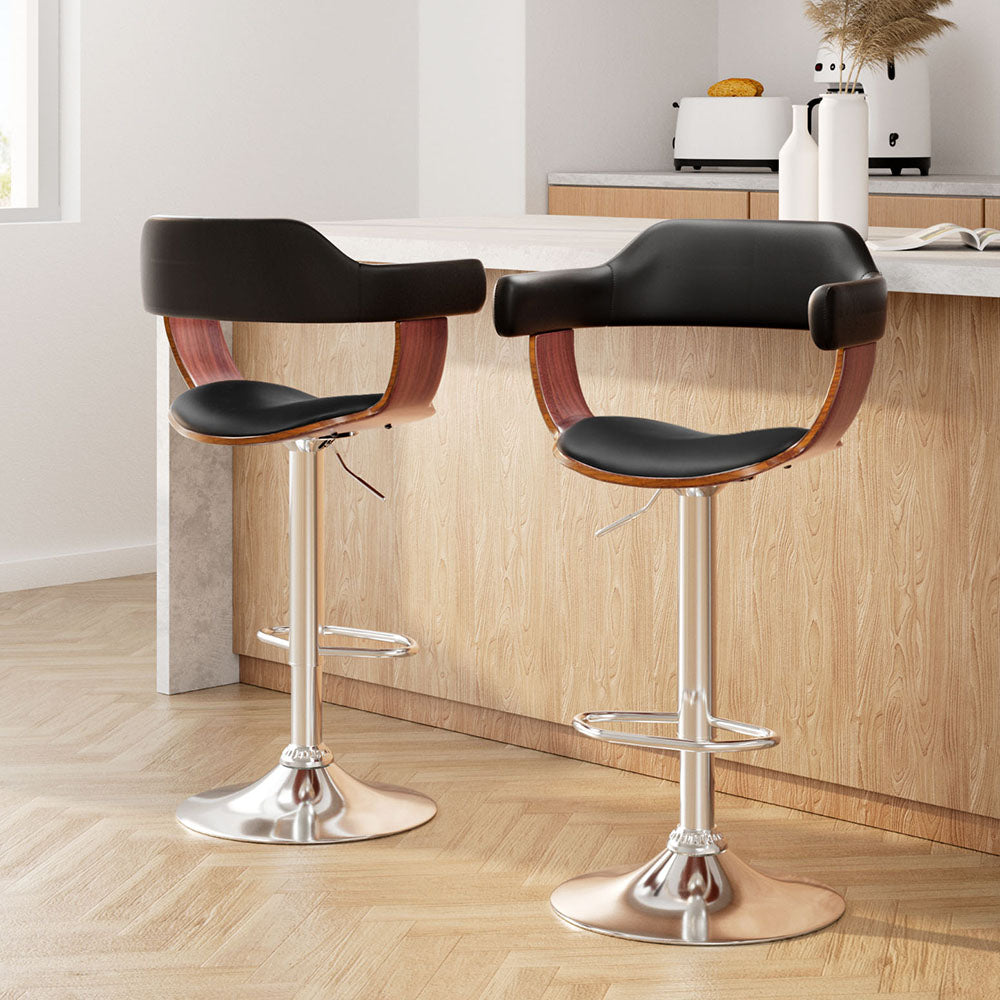 2x Gas Lift Bar Stools Black PU Leather Armrest Swivel Chrome Base Adjustable