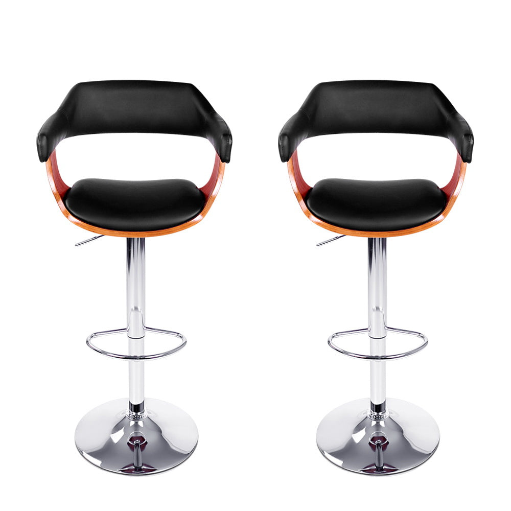 2x Gas Lift Bar Stools Black PU Leather Armrest Swivel Chrome Base Adjustable