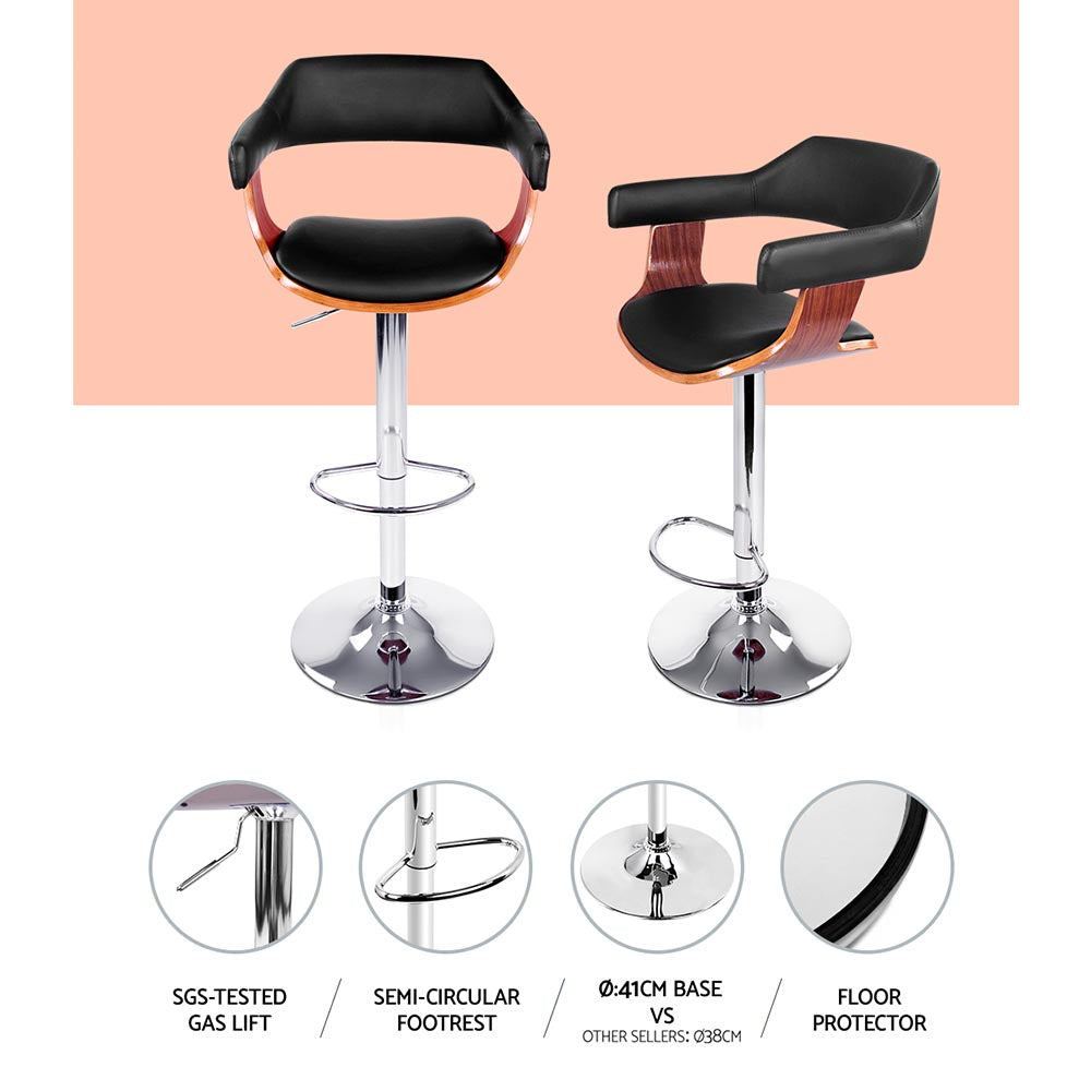 2x Gas Lift Bar Stools Black PU Leather Armrest Swivel Chrome Base Adjustable