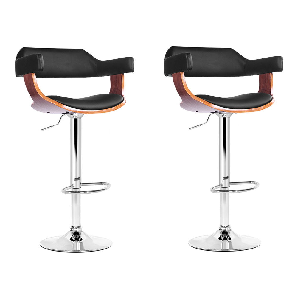 2x Gas Lift Bar Stools Black PU Leather Armrest Swivel Chrome Base Adjustable