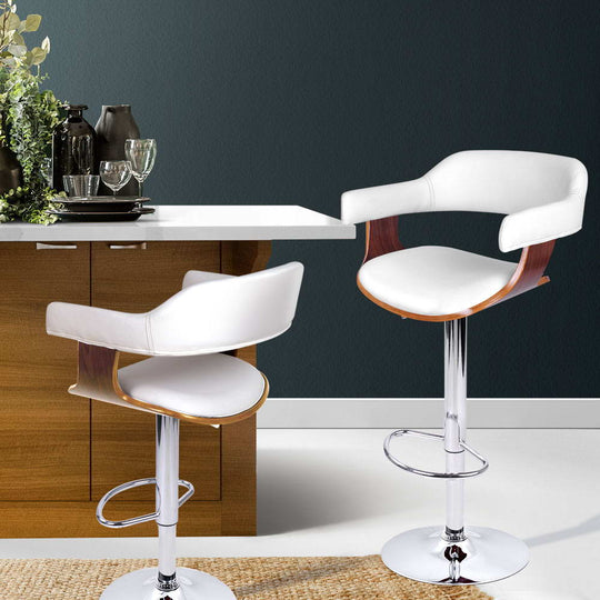 Bar Stools Gas Lift Leather w/Armrest White - Table & Bar Stools
