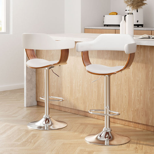 2x Bar Stools Gas Lift Leather with Armrest White Chairs - Wooden Stool Chrome
