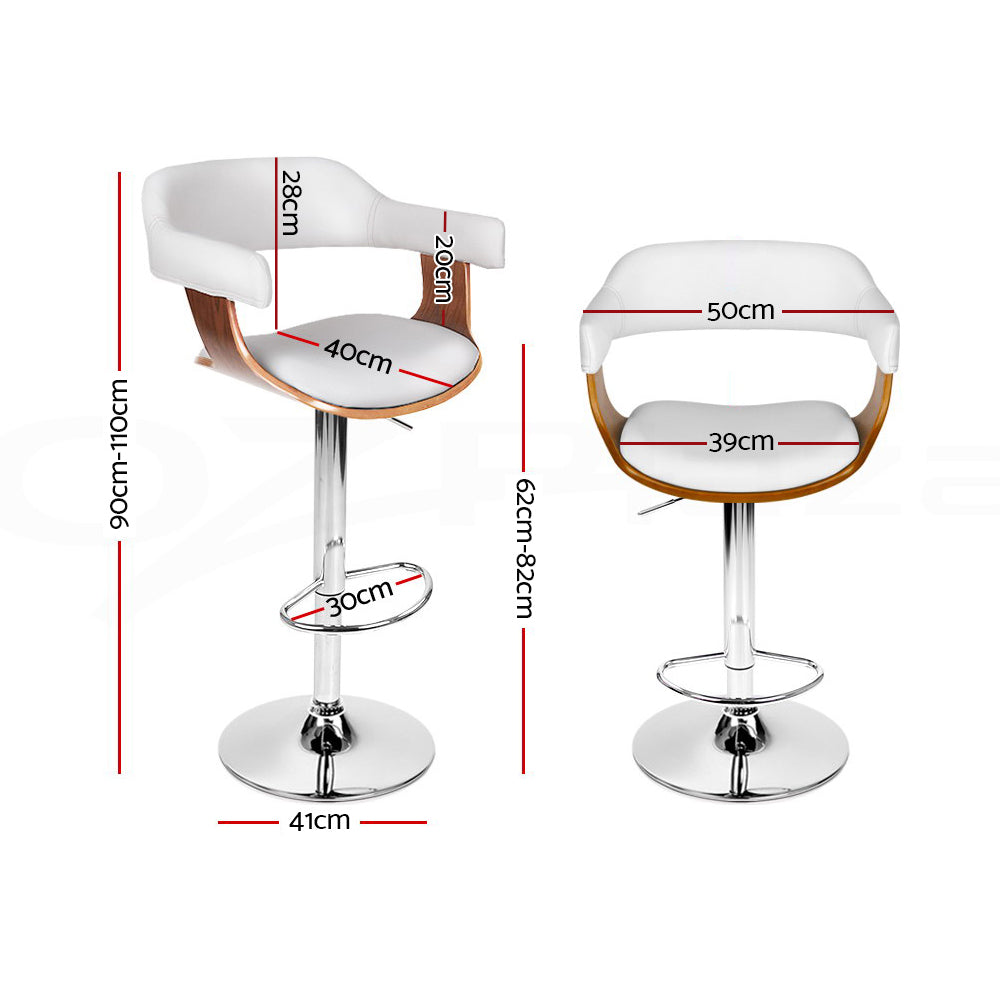 2x Bar Stools Gas Lift Leather with Armrest White Chairs