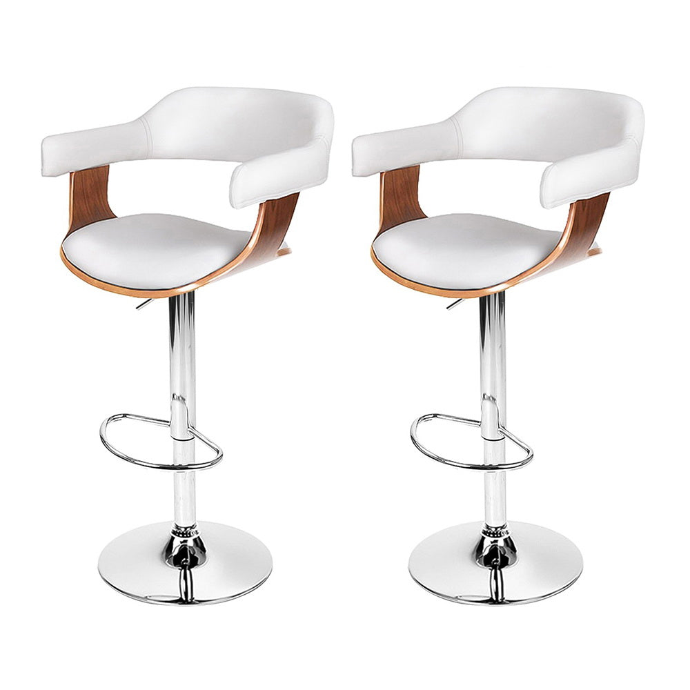2x Bar Stools Gas Lift Leather with Armrest White Chairs