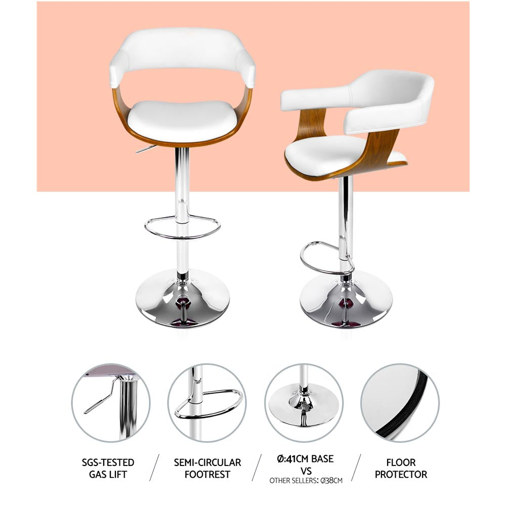2x Bar Stools Gas Lift Leather with Armrest White Chairs