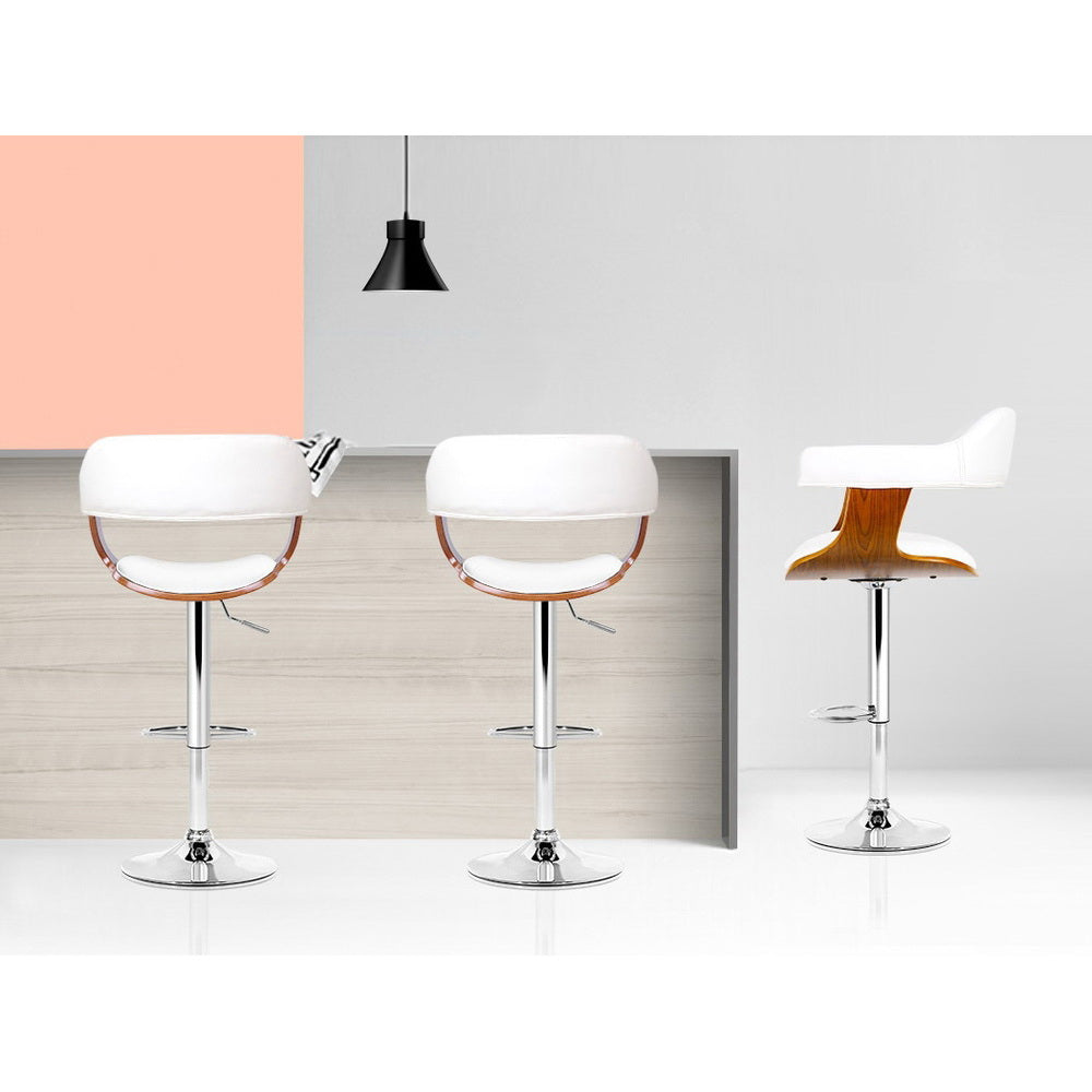 2x Bar Stools Gas Lift Leather with Armrest White Chairs