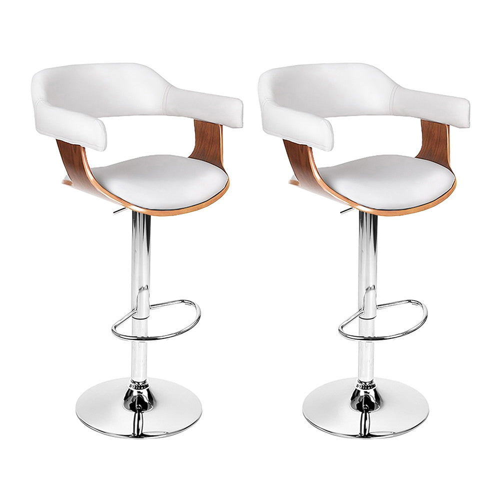 2x Bar Stools Gas Lift Leather with Armrest White Chairs