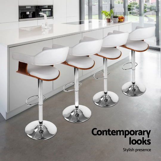 4x Bar Stools Gas Lift Leather with Armrest White