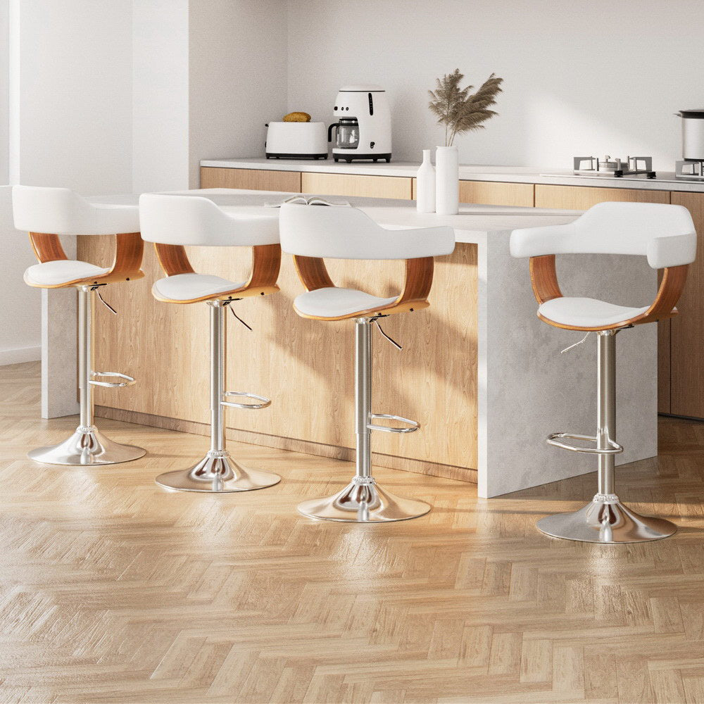 4x Bar Stools Gas Lift Leather with Armrest White