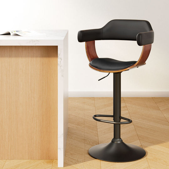 Bar Stools Gas Lift Leather w/Armrest All Black - Artiss Wooden Kitchen Swivel