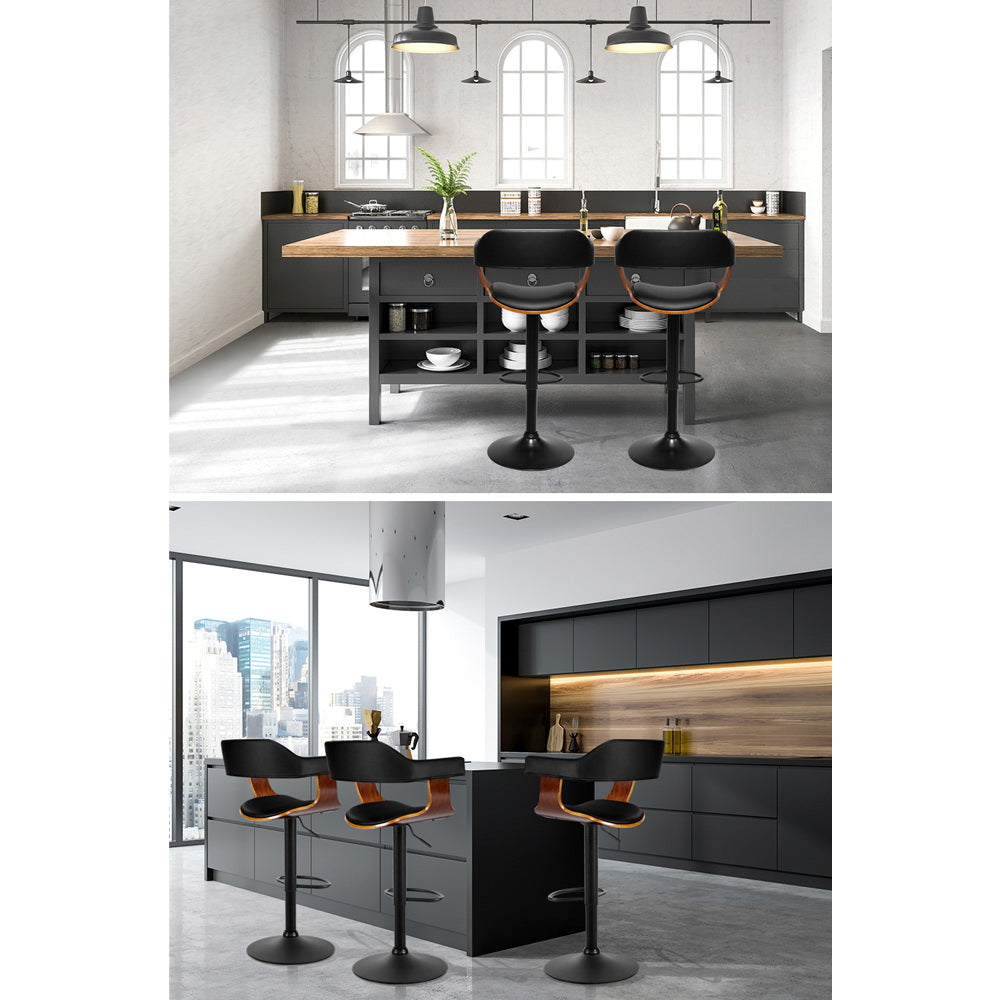 2x Bar Stools Gas Lift Leather w/Armrest All Black