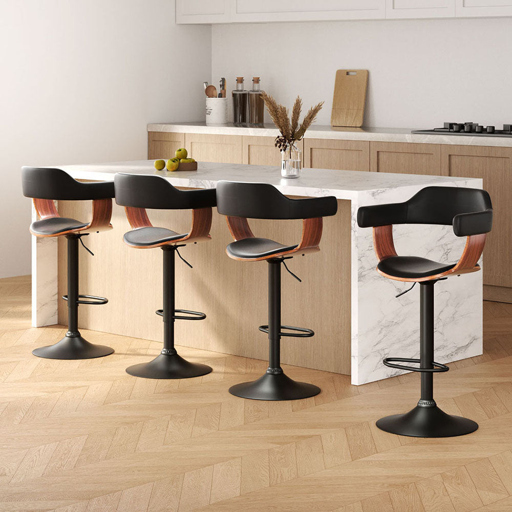 4x Bar Stools Gas Lift Leather with Armrest All Black