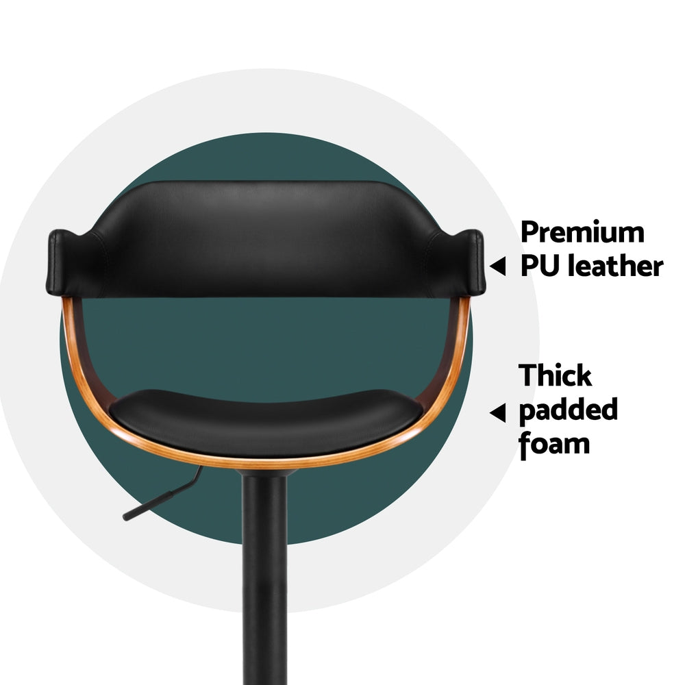 4x Bar Stools Gas Lift Leather with Armrest All Black